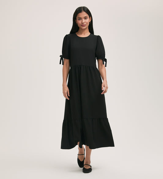 Demi Black Crepe Midi Tiered Dress