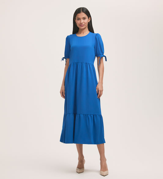 Demi Cobalt Blue Crepe Midi Tiered Dress