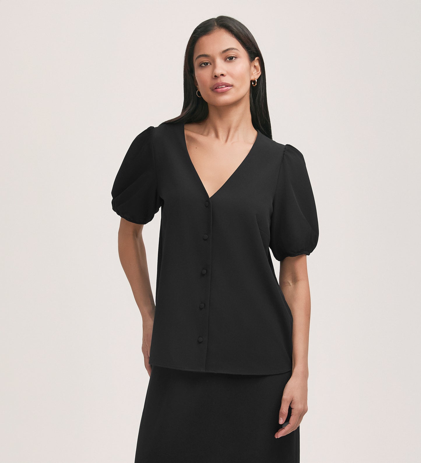 Fleur Black Crepe Short Sleeve Button Down Blouse