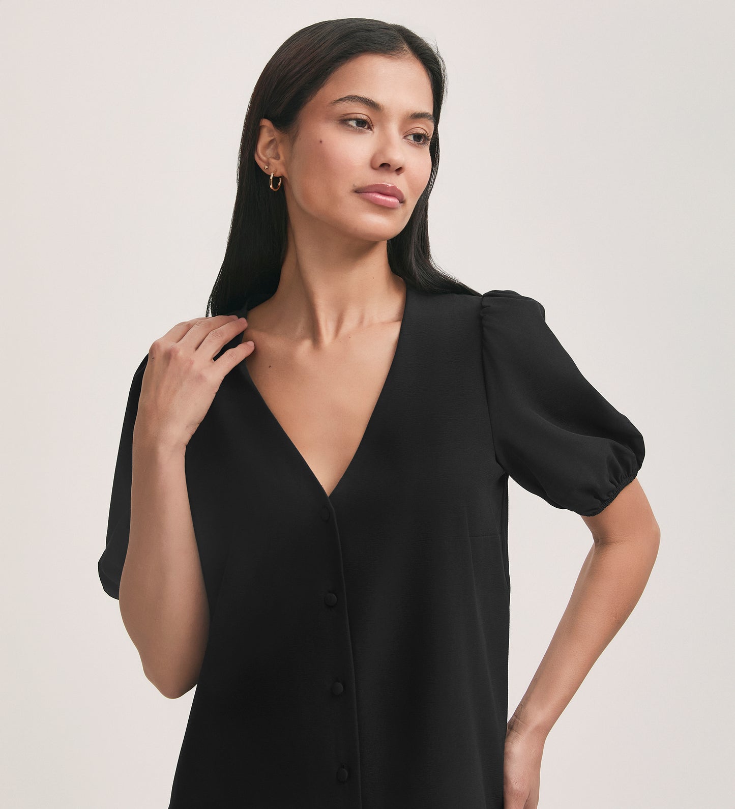 Fleur Black Crepe Short Sleeve Button Down Blouse