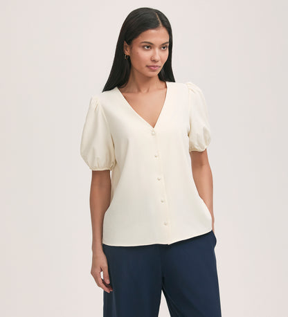 Fleur Ivory Crepe Short Sleeve Button Down Blouse