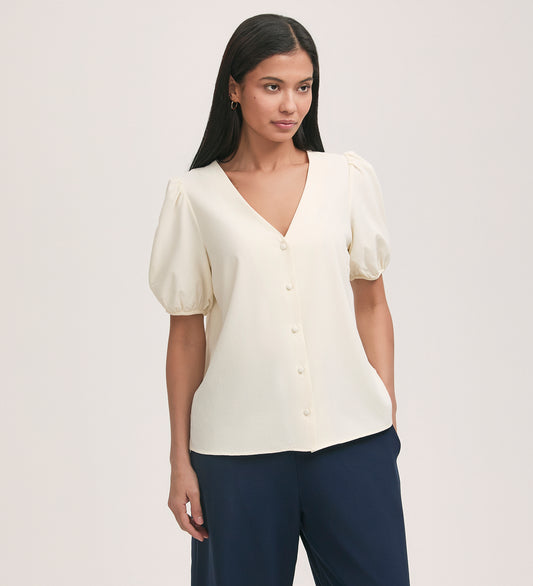 Fleur Ivory Crepe Short Sleeve Button Up Blouse