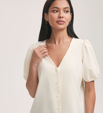 Fleur Ivory Crepe Short Sleeve Button Down Blouse