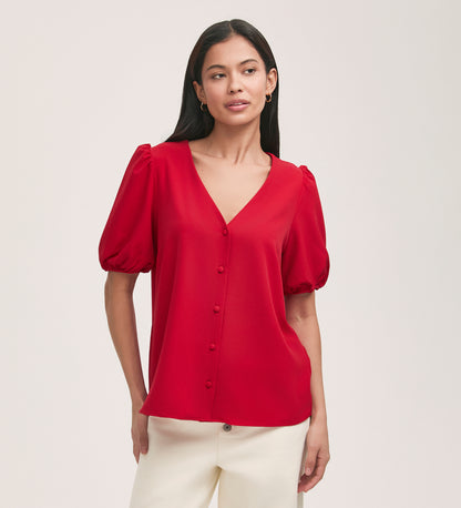 Fleur Red Crepe Short Sleeve Button Down Blouse