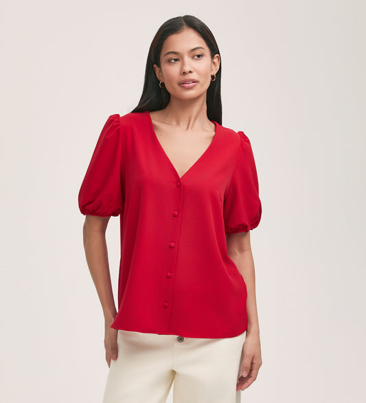 Fleur Red Crepe Short Sleeve Button Up Blouse