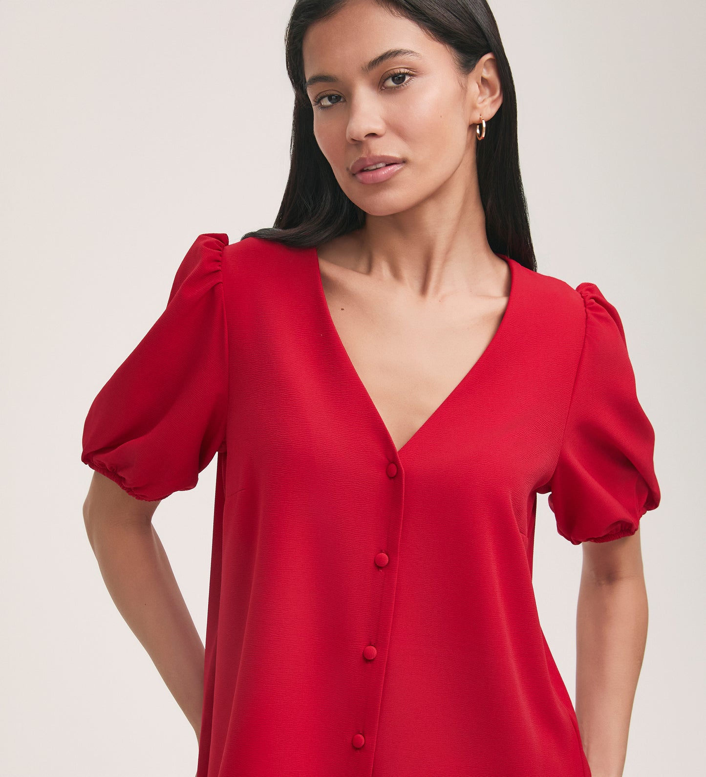 Fleur Red Crepe Short Sleeve Button Down Blouse