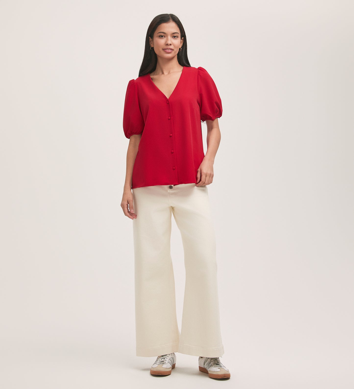 Fleur Red Crepe Short Sleeve Button Down Blouse