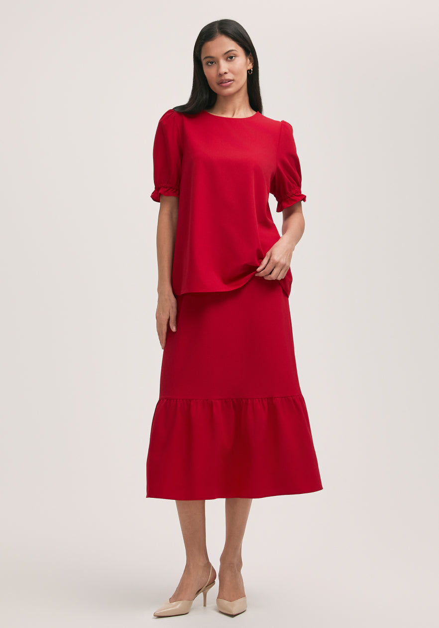 Riley Red Tiered Crepe Midi Skirt