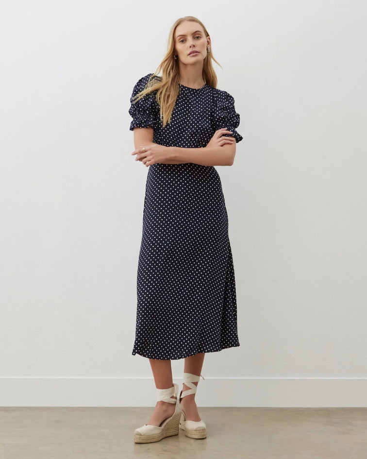 Mela Navy Spot Crepe Midi Dress