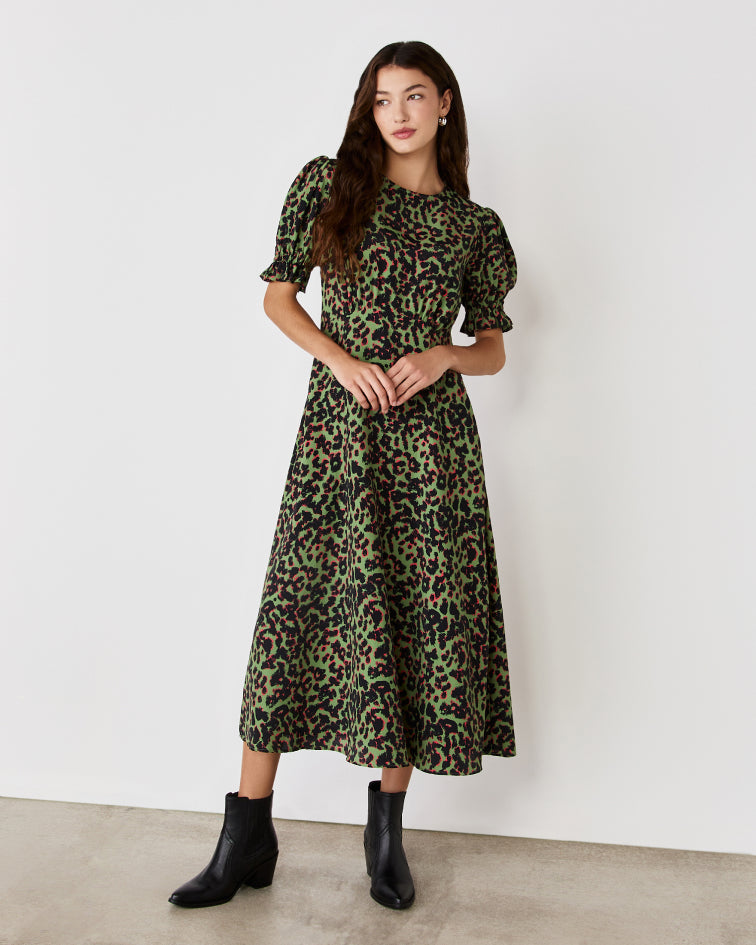 Mela Khaki Animal Crepe Midi Tea Dress