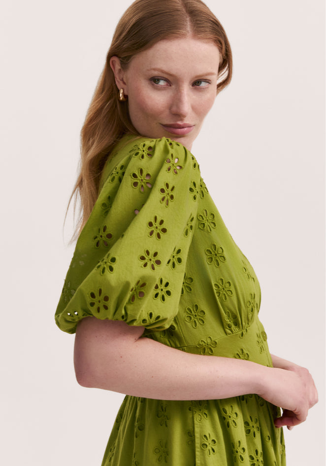 Una Embroidered Cotton Light Green Midi Tea Dress