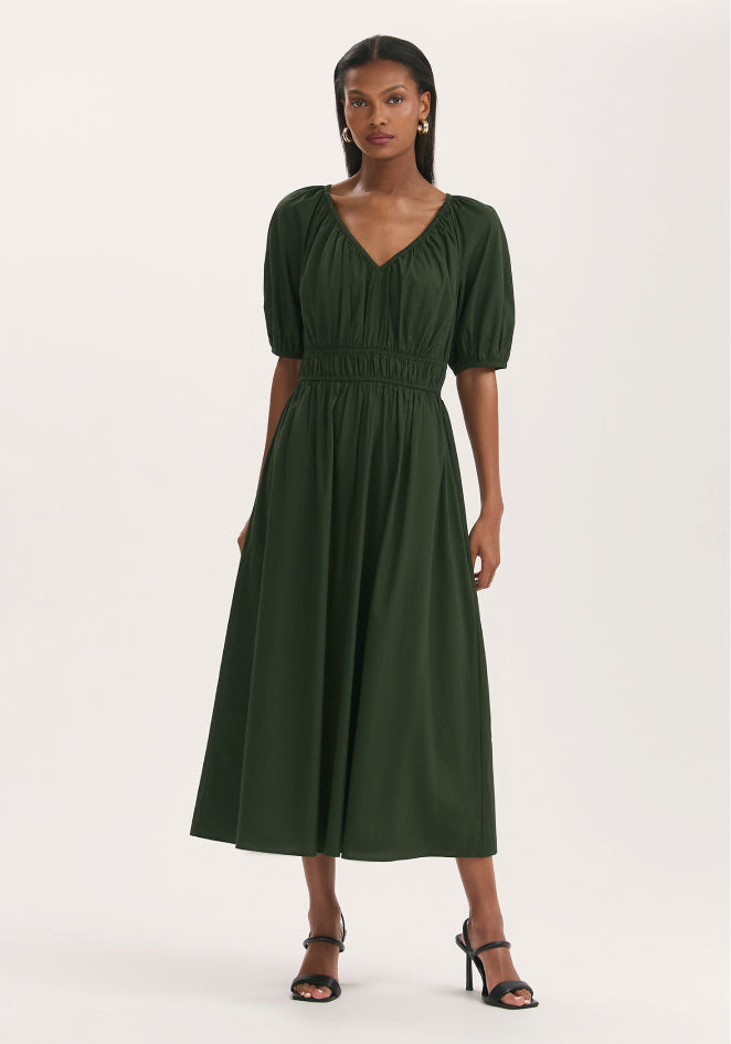 Piper Dark Khaki Cotton Midi Smock Dress