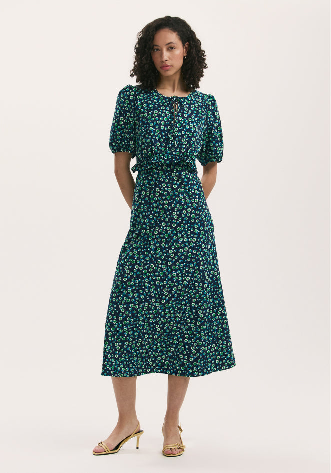 Anika Navy Ditsy Crepe Midi Tea Dress