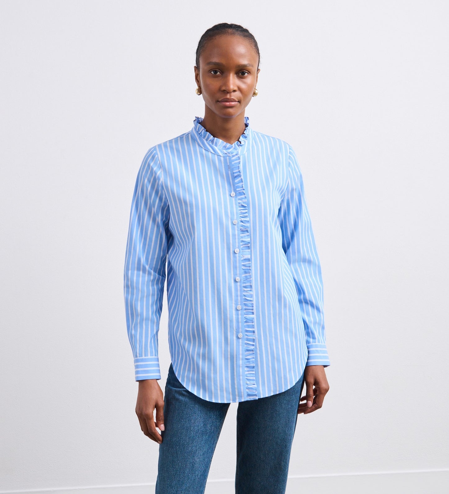 Sabrina Blue Stripe Ruffle Cotton Shirt