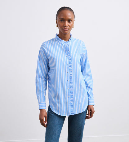 Sabrina Blue Stripe Ruffle Cotton Shirt