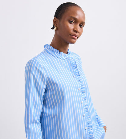 Sabrina Blue Stripe Ruffle Cotton Shirt