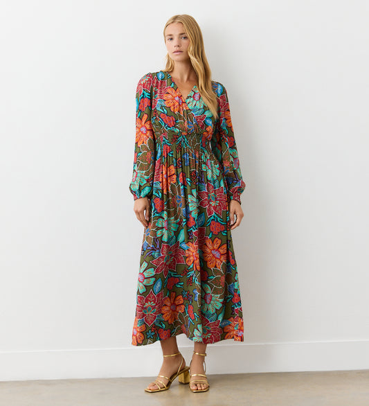 Janis Khaki Floral Crepe Midi Dress