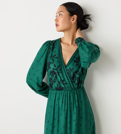 Leyane Green Floral Border Midi Dress