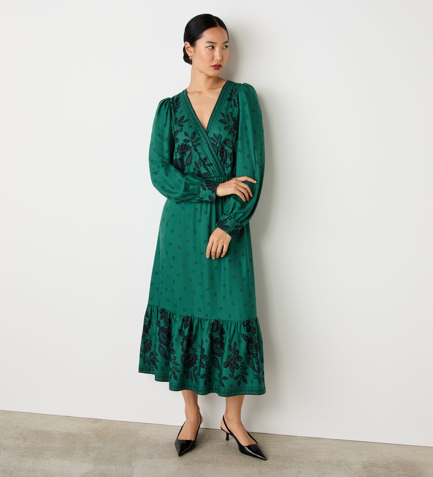 Leyane Green Floral Border Midi Dress