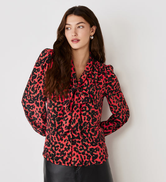 Lindsay Coral Animal Print Pussy Bow Blouse