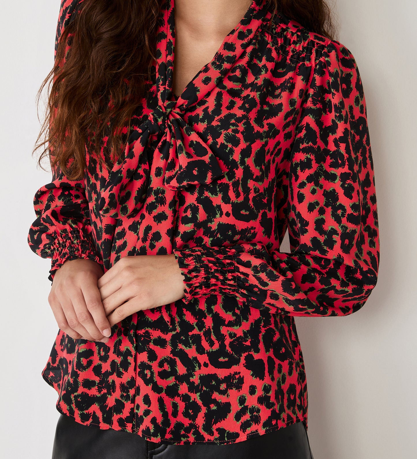 Lindsay Coral Animal Print Pussy Bow Blouse