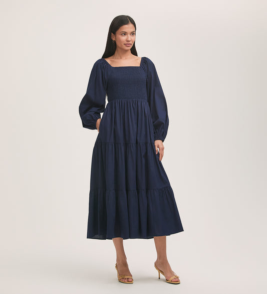 Lauretta Navy Cotton Midi Tiered Dress