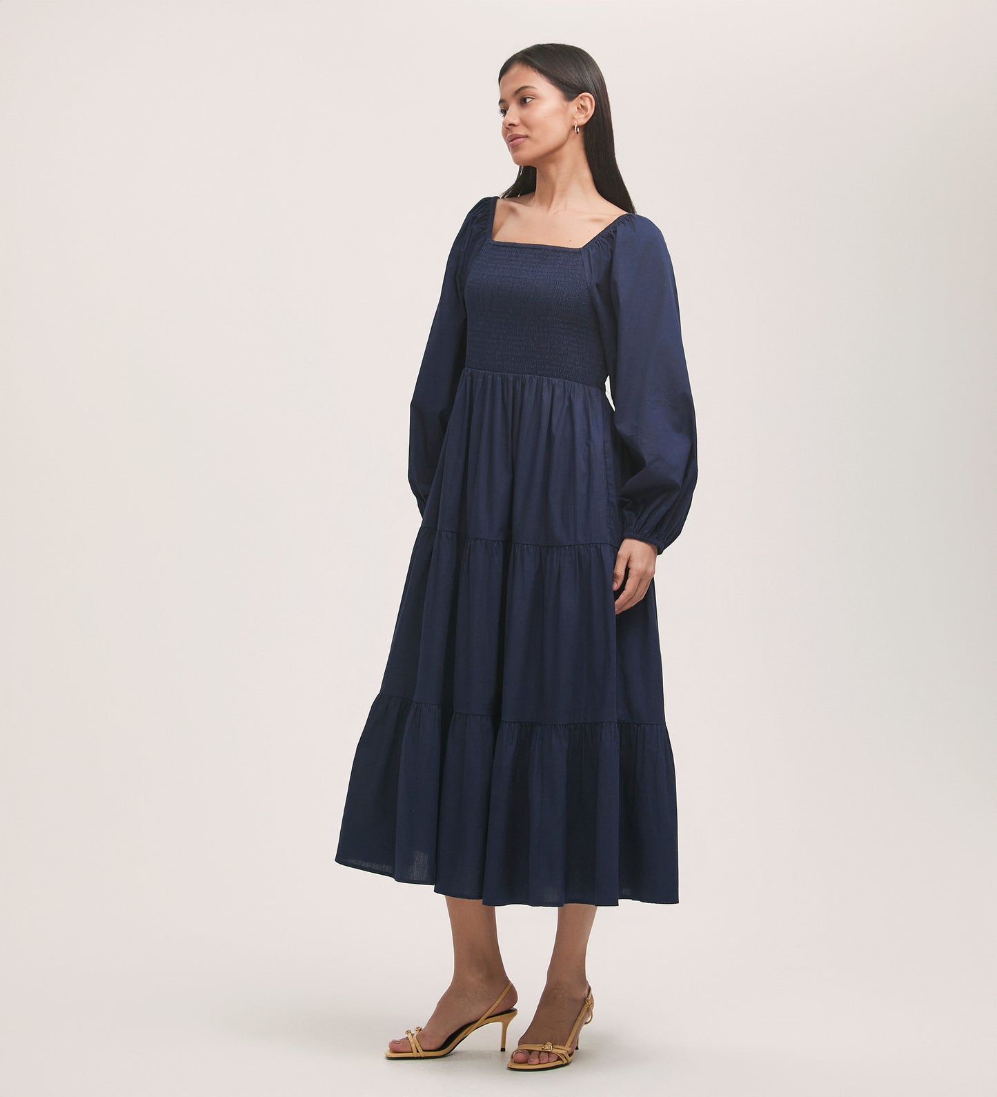 Lauretta Navy Cotton Midi Tiered Dress