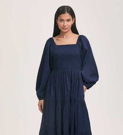 Lauretta Navy Cotton Midi Tiered Dress