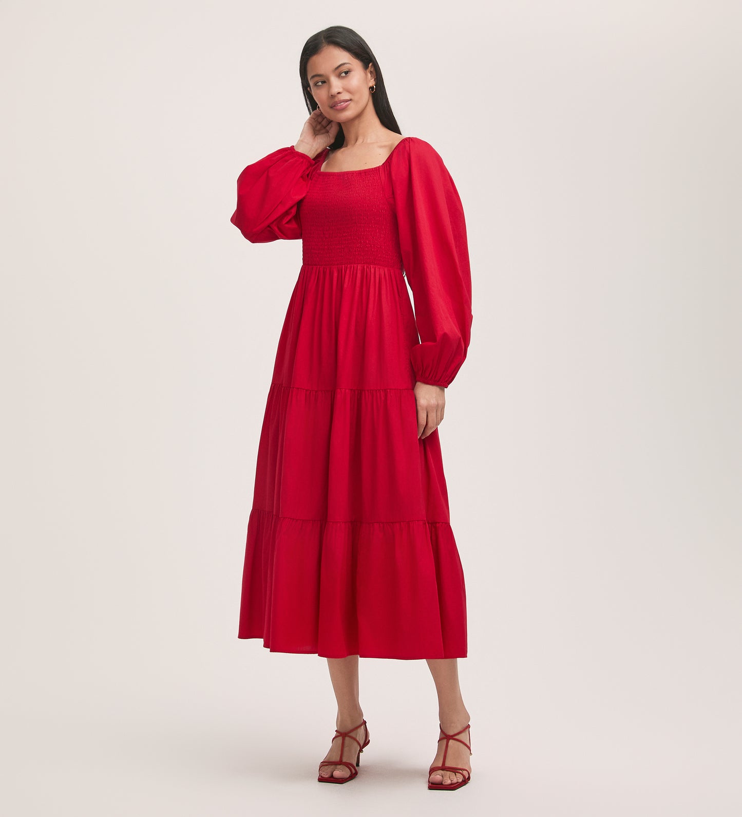 Lauretta Red Cotton Midi Tiered Dress