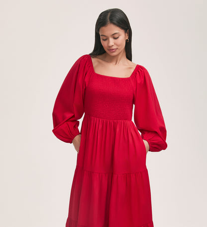 Lauretta Red Cotton Midi Tiered Dress