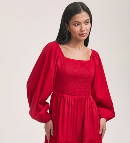 Lauretta Red Cotton Midi Tiered Dress