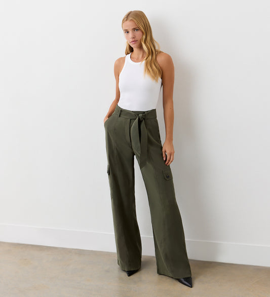 Full body view of a model wearing the Maxine Khaki Wide Leg Trousers facing forward.