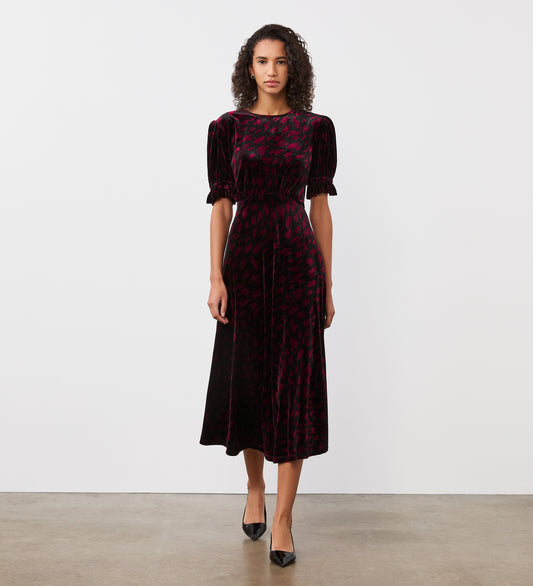 Mela Burgundy Animal Velvet Midi Dress