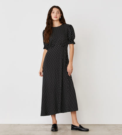 Mela Black Polka Dot Crepe Midi Dress