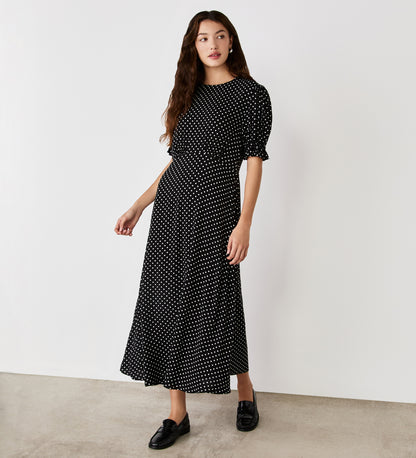 Mela Black Spot Crepe Midi Dress