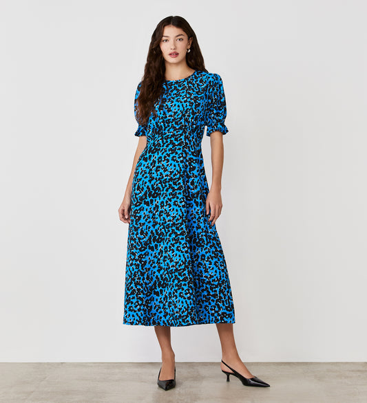 Mela Blue Animal Crepe Midi Tea Dress