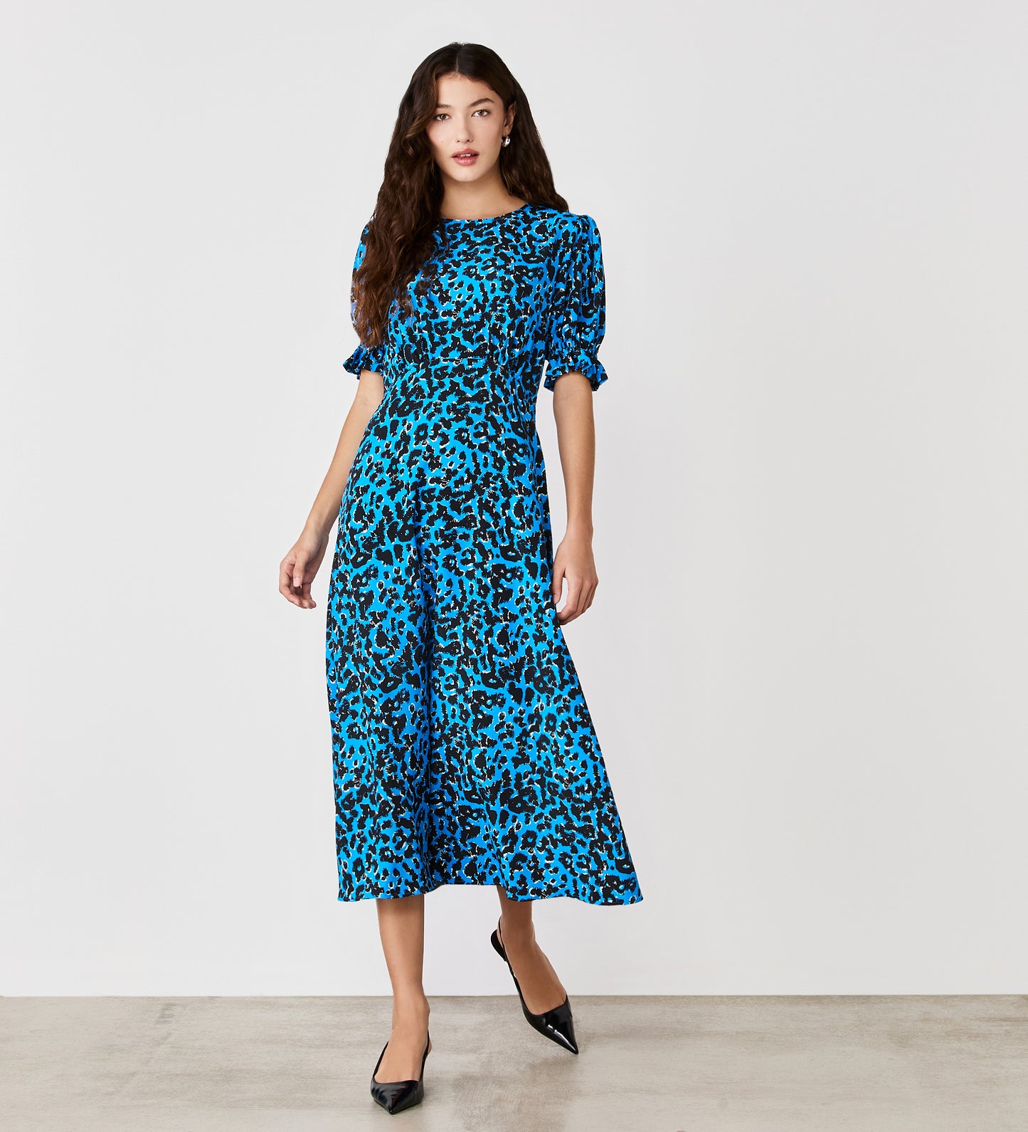 Mela Blue Animal Crepe Midi Tea Dress