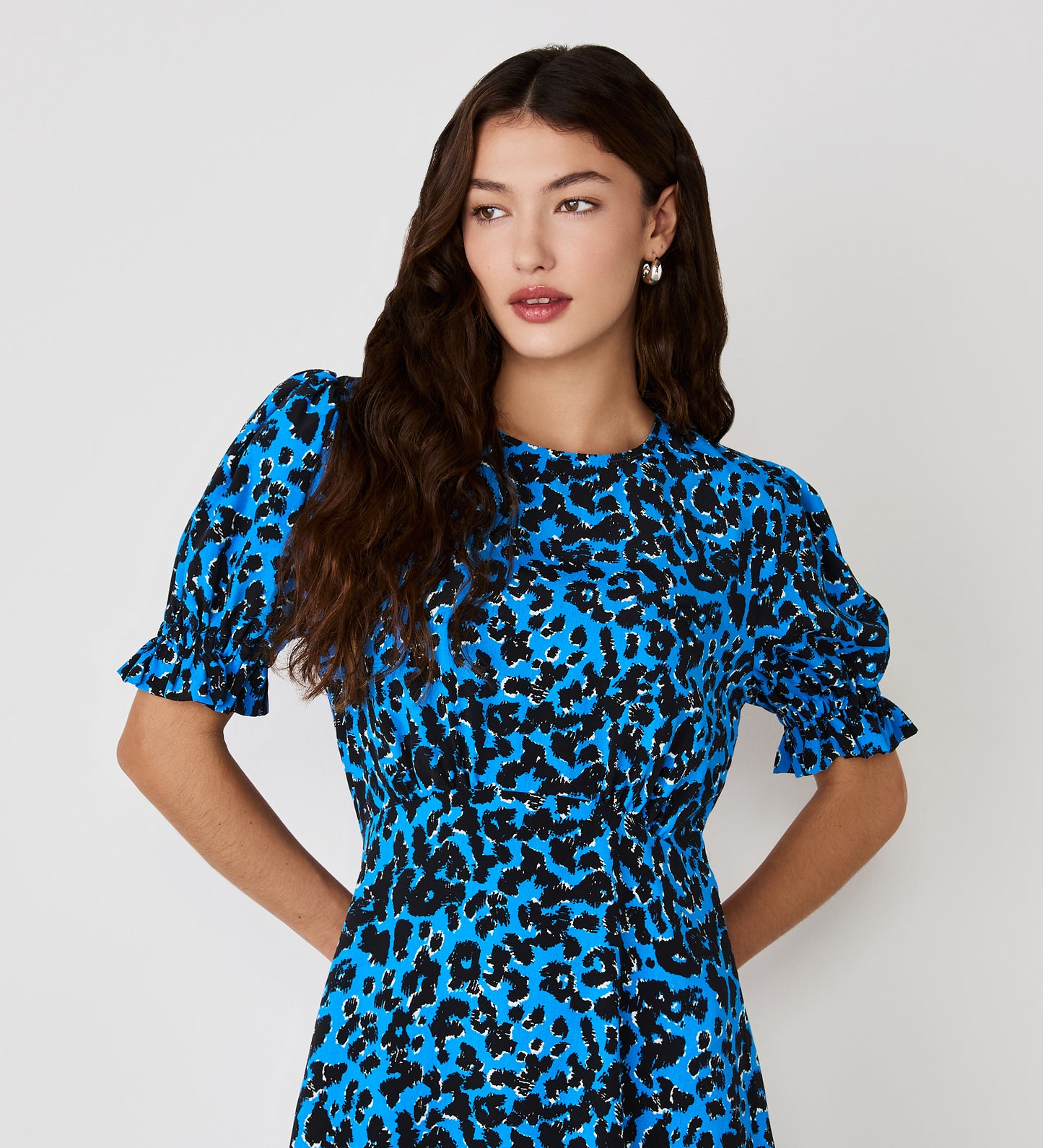 Mela Blue Animal Crepe Midi Tea Dress