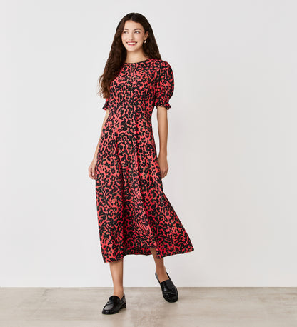 Mela Coral Animal Crepe Midi Tea Dress