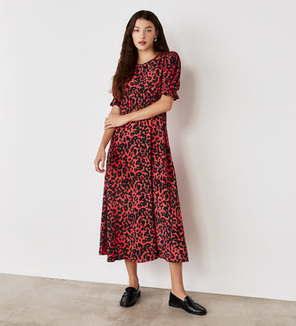 Mela Coral Animal Crepe Midi Tea Dress