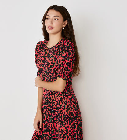 Mela Coral Animal Crepe Midi Tea Dress