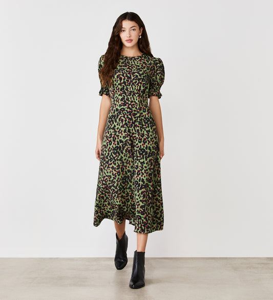 Mela Khaki Animal Crepe Midi Tea Dress