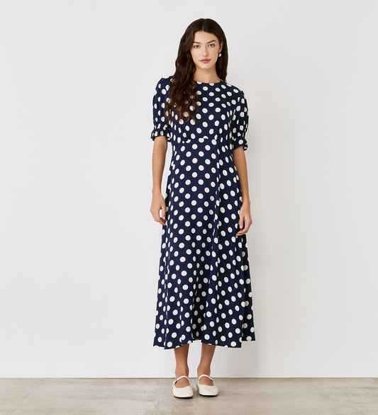 Mela Navy Polka Dot Midi Tea Dress