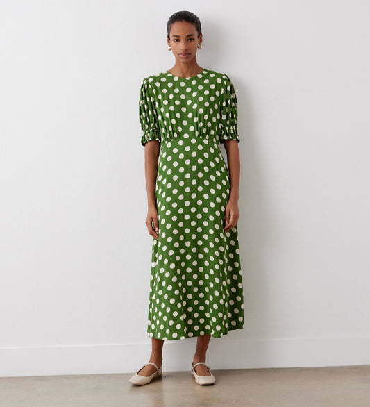 Mela Dark Khaki Polka Dot Midi Tea Dress