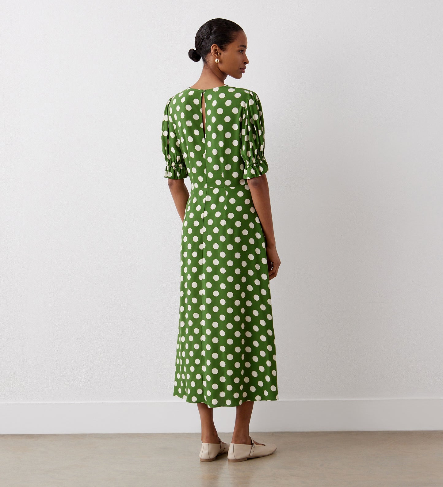 Mela Large Dark Khaki Spot Midi Tea Dress