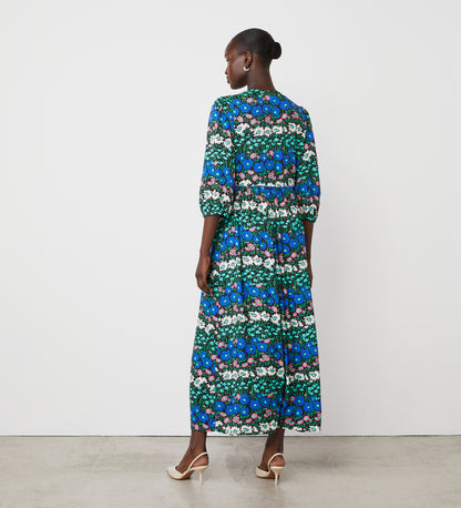 Naomi Blue Floral Stripe Crepe Midi Dress