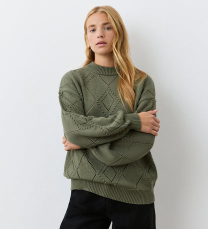 Odette Khaki Cotton Round Neck Jumper