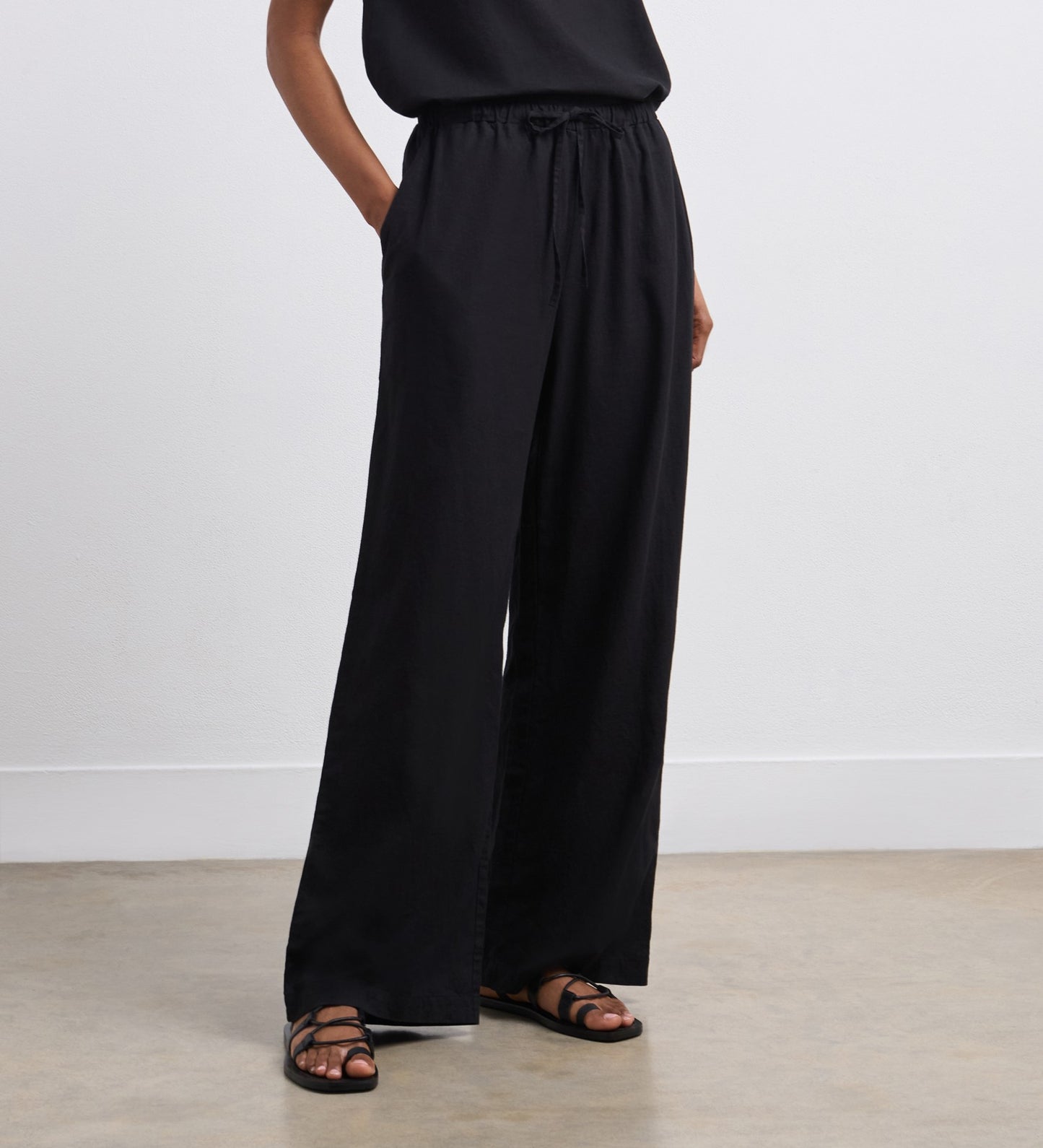 Drew Black Wide Leg Linen Mix Trousers