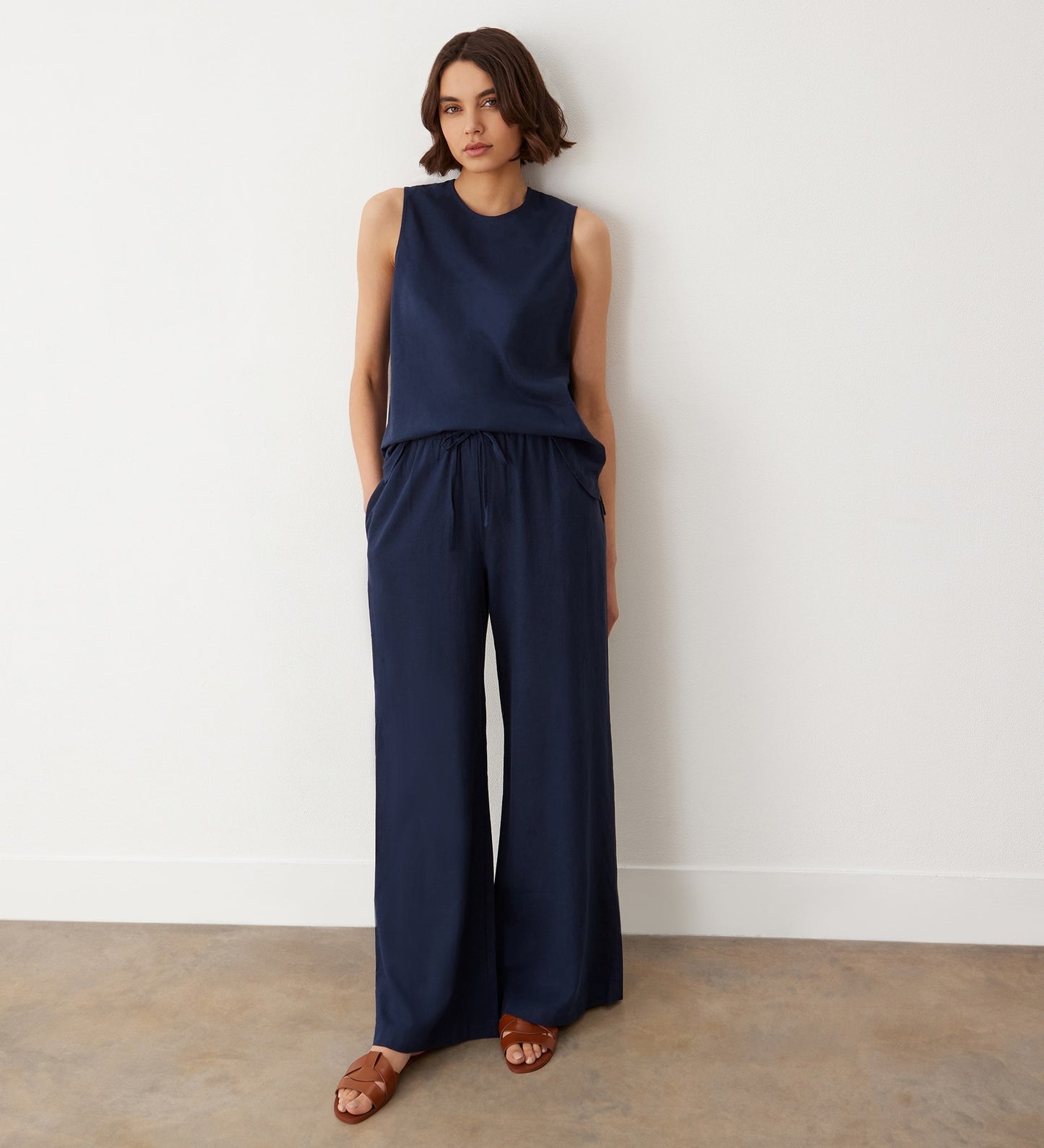 Drew Indigo Wide Leg Linen Mix Trousers