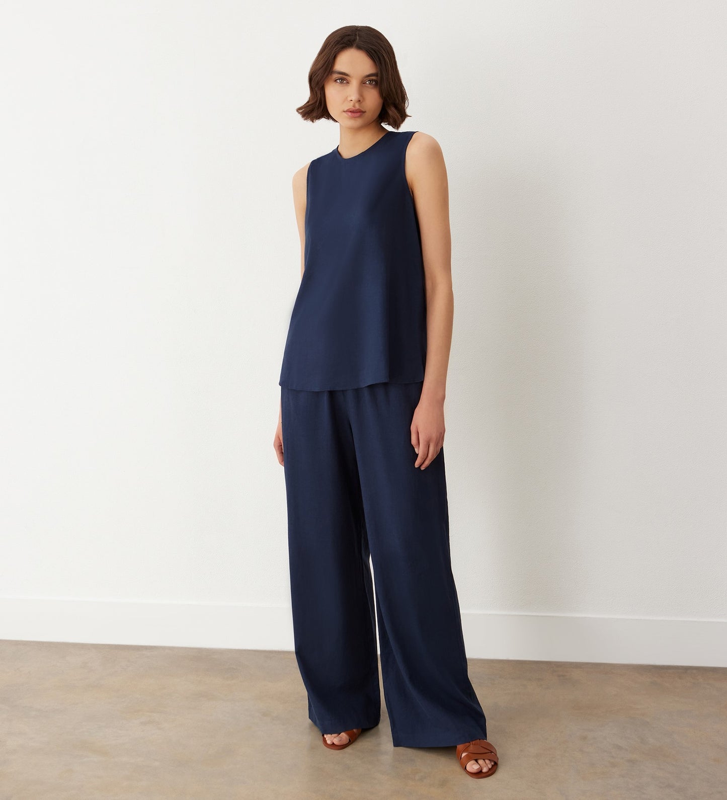 Drew Indigo Wide Leg Linen Mix Trousers